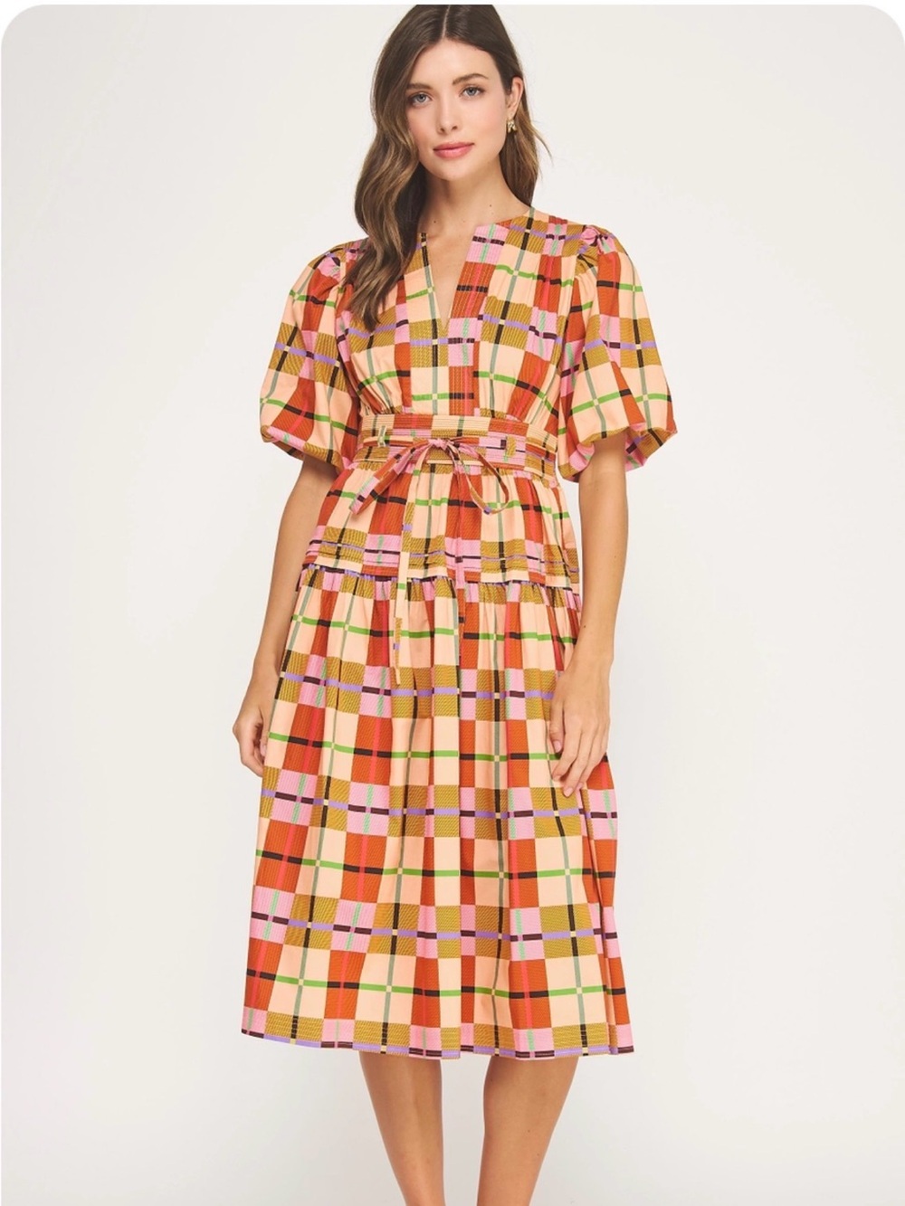 Printed Multi Plaid Midi Dress | Puff Sleeve | Tie Waist | Size M